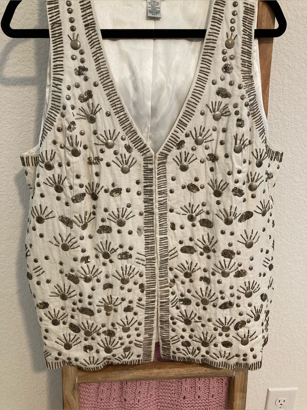 Chico's White Embellished V-Neck Vest with Metallic Accents